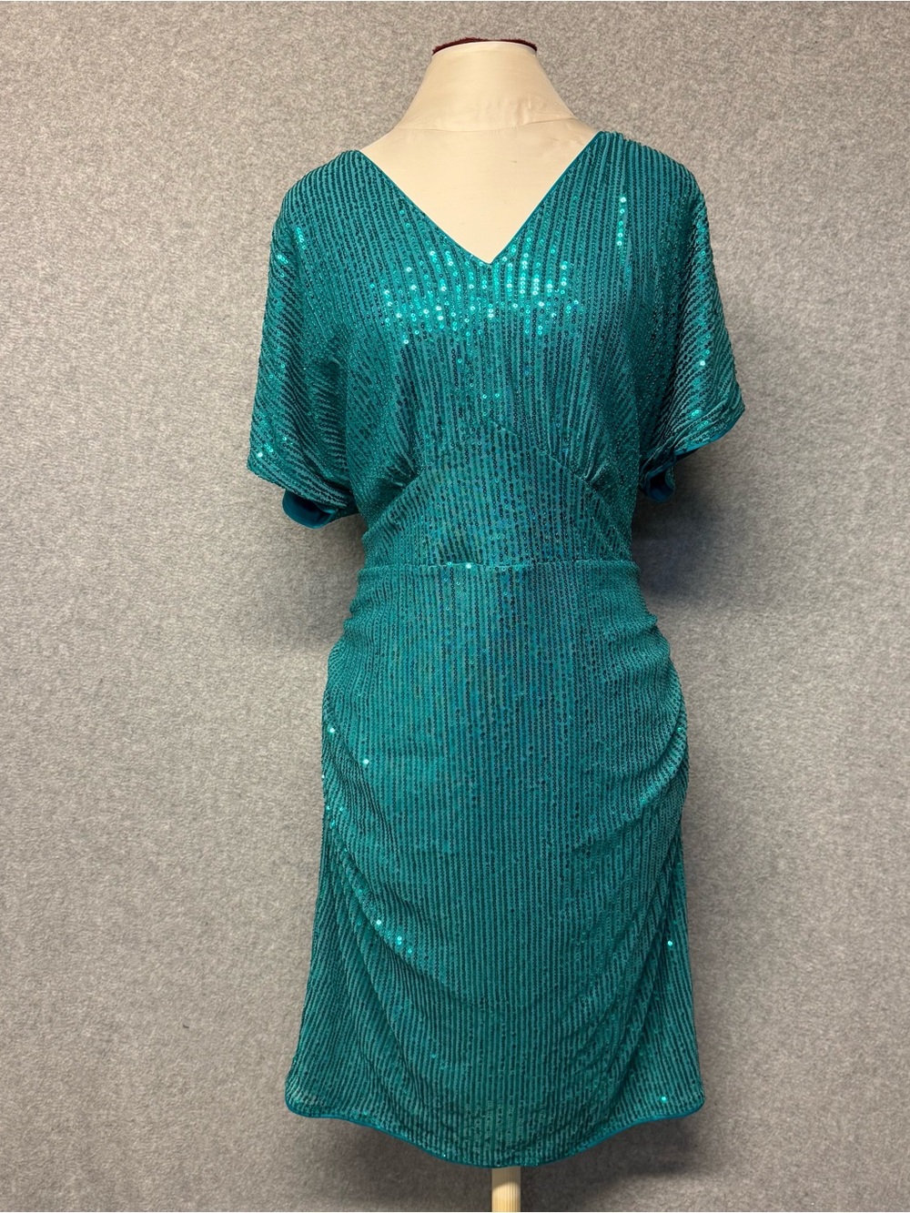 Grace Karin Green Sequin V-Neck Sheath Dress 2XL Lined Zip Knee Length
